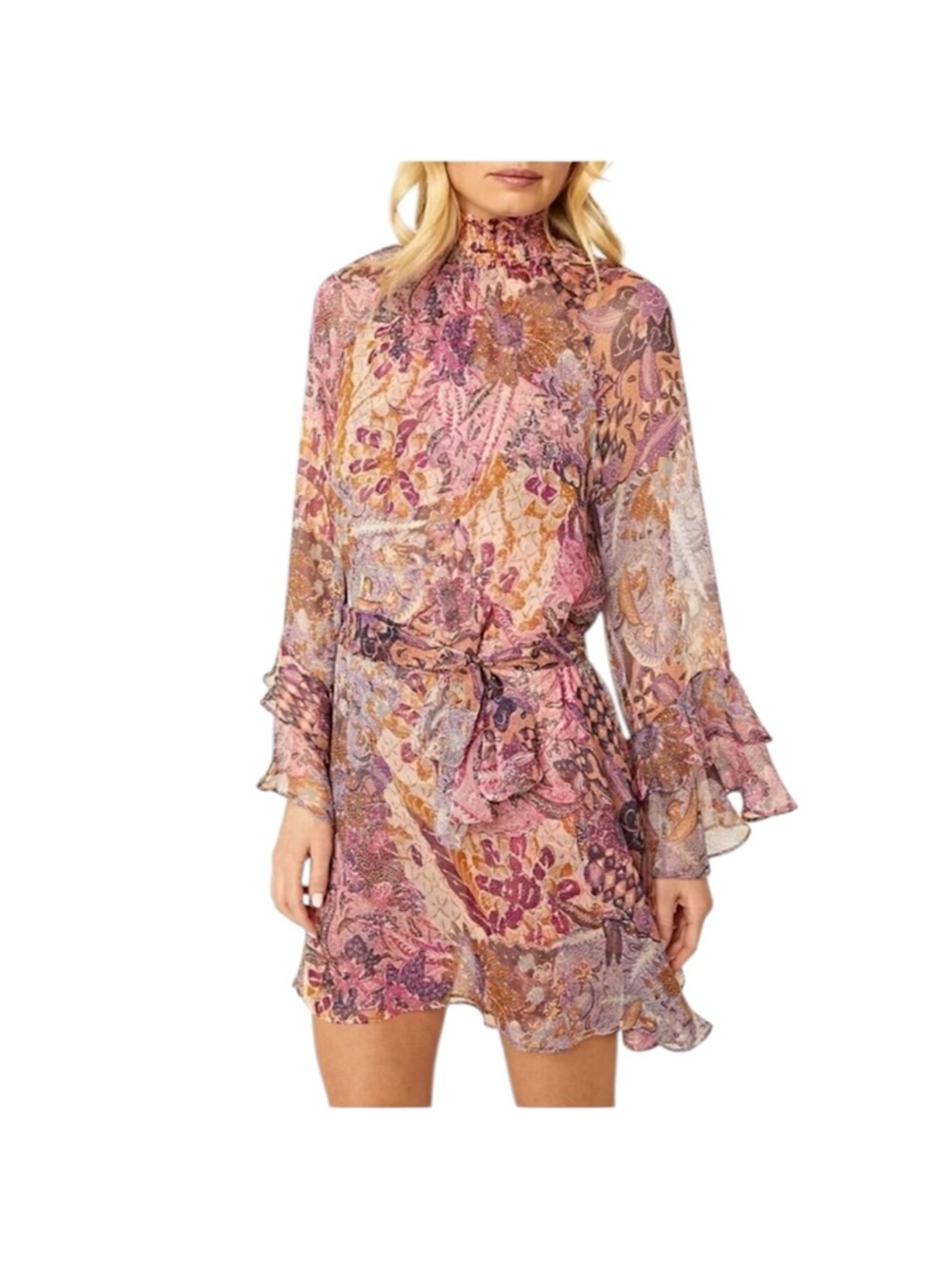 MISA Los Angeles Paisley Mini Dress Mock Neck Sheer Sleeve Tie Waist XS NWT